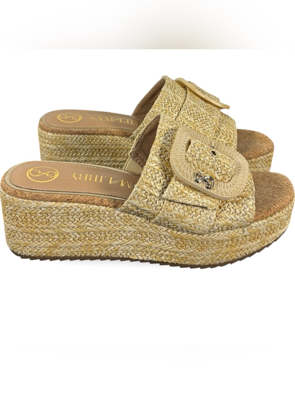Sam & Libby Natural Raffia Wedge Slide Sandals Tan Tropical Island Vacation